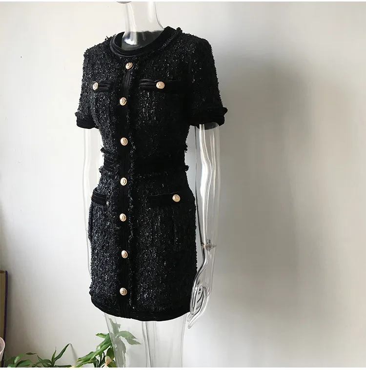 Luxurious Designing Elegant Lady Short Sleeve Buttons Bling Bling Black Thick Tweed Short Sheath Casual Women Dress