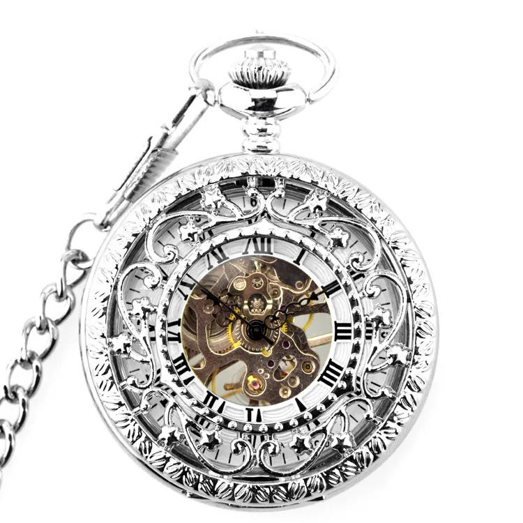 Silver Secret Garden Hollowed-out Carving Mechanical Watch Automatic Mechanical Pocket Watches