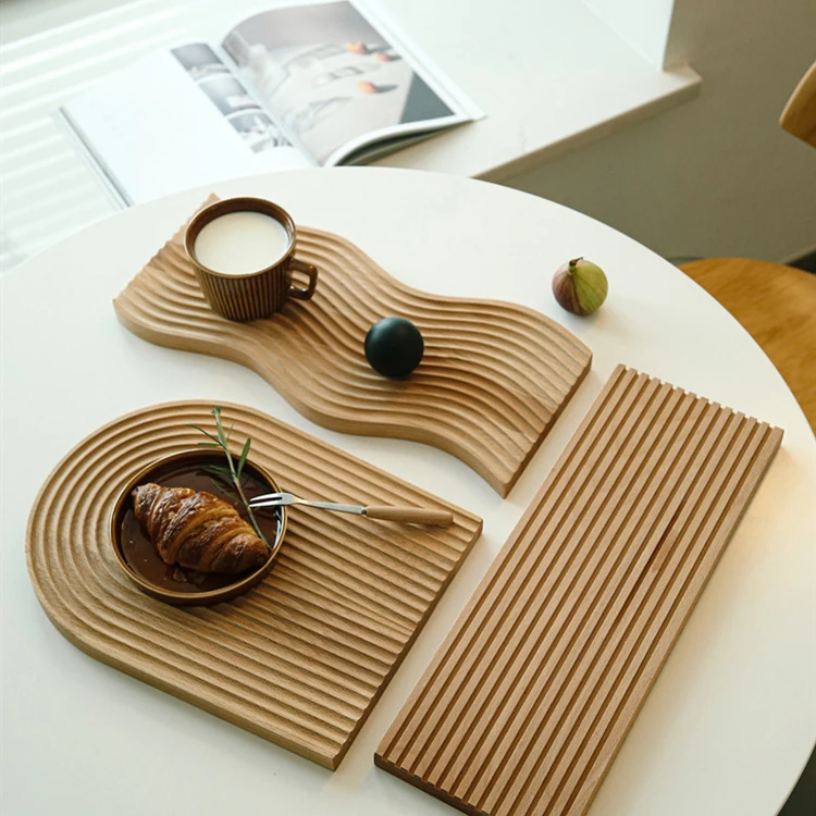 wholesale custom Nordic water ripple beech bamboo wooden coffee tea Bread food dinner plate board serving trays