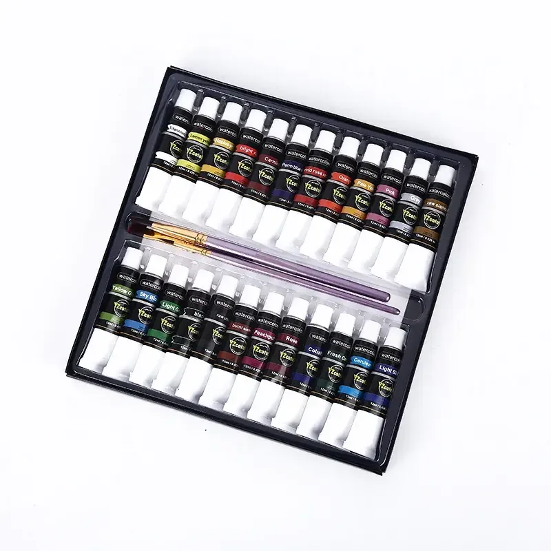24 x 12ml  Watercolor Paint Set  Brilliant Water-Based Colors Versatile  plus 3 Brushes    Easy to Use for  Artists Beginners