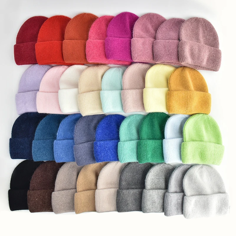 Winter Angora Wool Knitted Beanie With Custom Leather Patch Logo Soft Warm Fluffy Rabbit Fur Knit Plain Beanies for Women
