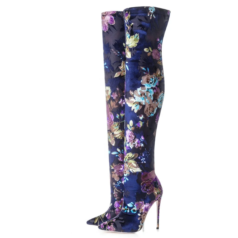 
Fashion High Quality Floral Women Over The Knee High Boots Stretch Thigh High Boots Pointed Toe Flower Winter Boots FoR Ladies 