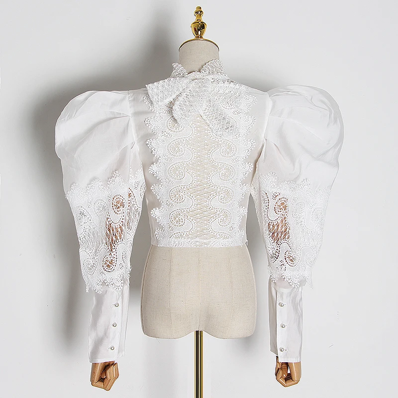 CHICEVER Puff Sleeve Tops Hollow Out Women Shirt Turtleneck Lace Up Crop Top 2020 Fashion Blouse