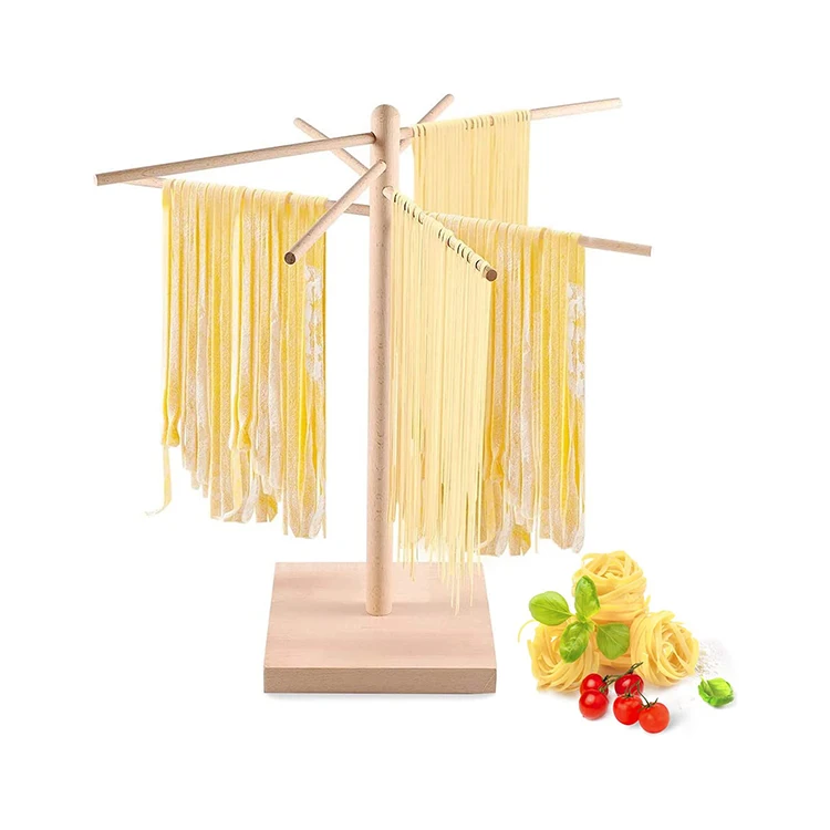 Wholesale food safe collapsible foldable spiral spaghetti natual wood noodle holder stand pasta drying rack