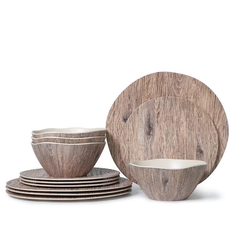 Wooden design melamine dinner set with bamboo fiber with salad dinner bowl plate
