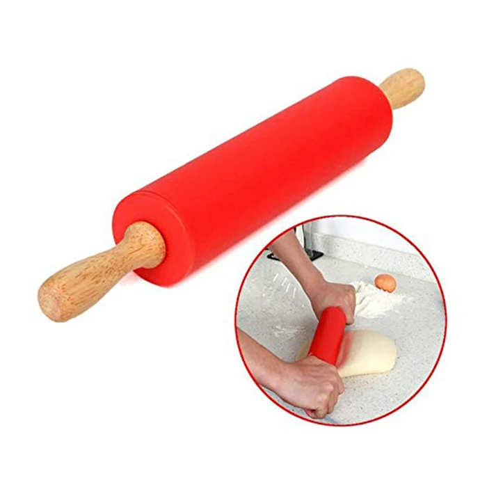 Silicone Rolling Pin Fondant Pastry Bread Roller Non-Stick Surface Wooden Handle 8 inch 12 inch 15 inch