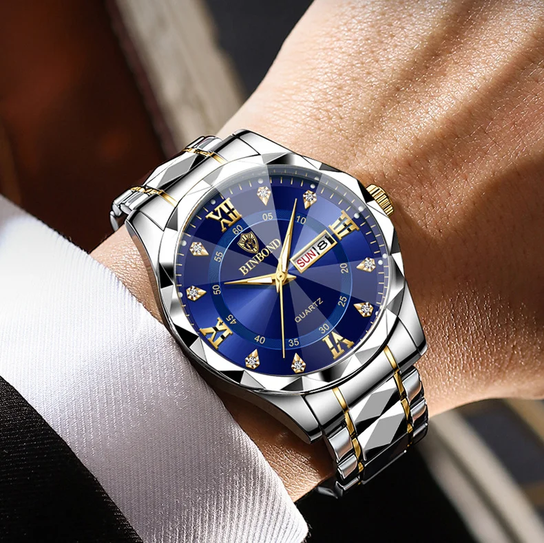 Luxury Fashion Watch Custom Gold Plated Men Crystal Stainless Steel Mechanical Watches