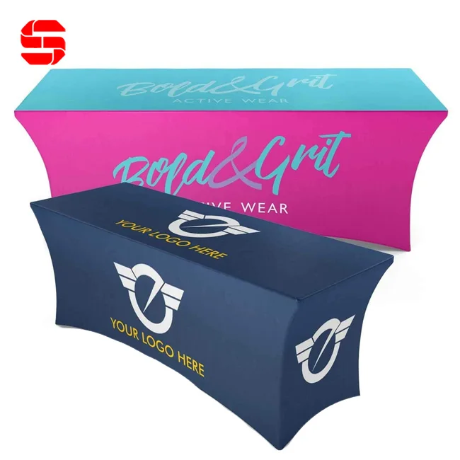 4ft 6ft 8ft 10ft Stretchy Table Cloth Trade Show Custom Throw Table Cover Sublimation Logo Printed Advertise Fitted Table Cloth
