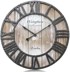 Wood Clock 18 inches Large Farmhouse Wooden Wall Clock Rustic Decorative Antique Battery Operated Non Ticking Round Big Clocks