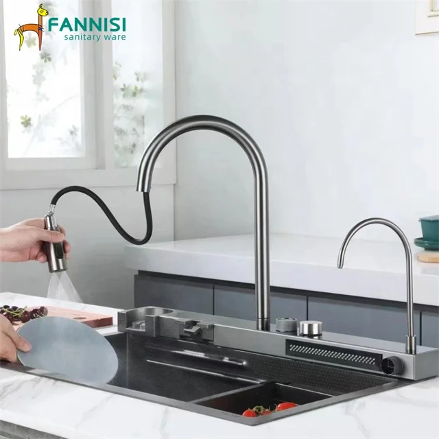 Новая раковина из нержавеющей стали кнопка для пианино двойная водопад кухонный смеситель раковины