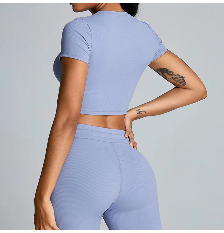 OEM Women Ribbed Crop Top T-shirt with Flare Leggings 2 Pcs Sets Plus Size Yoga Sports Gym Pants Sets Gym Fitness Active Wear
