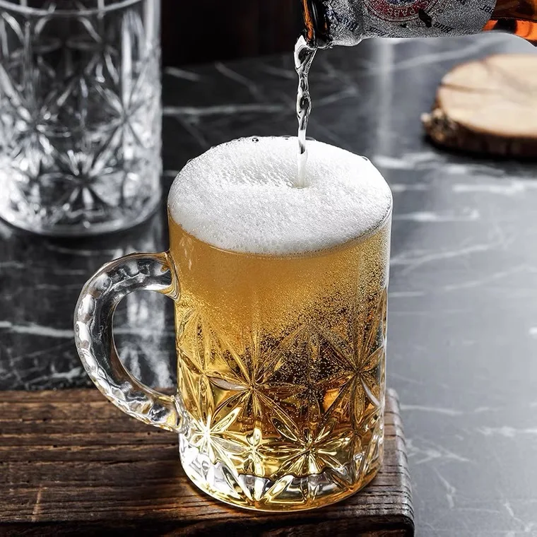 European-style Household Heat-resistant Crystal Glass Transparent Patterned Beer Cup Large Raw Cup Tea Drinking Water Drinking