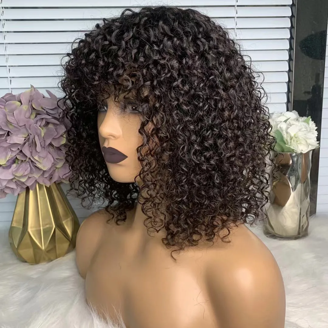 Human Hair Natural Color Machine Made Curly Bob Wig 11 inches 150% Density Human Hair Machine made Bob Wig For Black Women