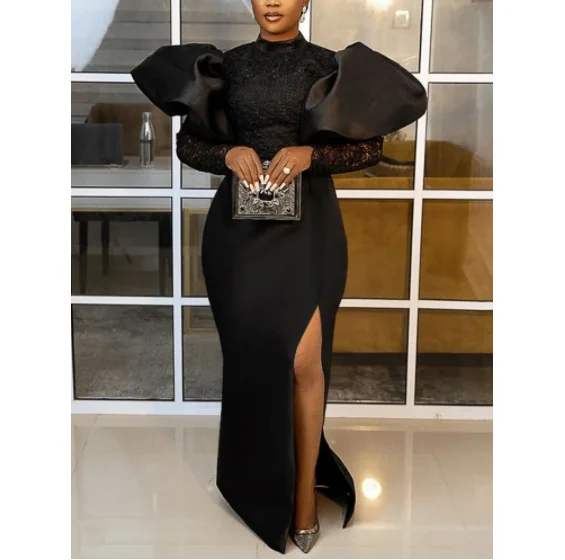 Latest Black Puffy Sleeve Lace Patchwork Women Evening Dresses Autumn