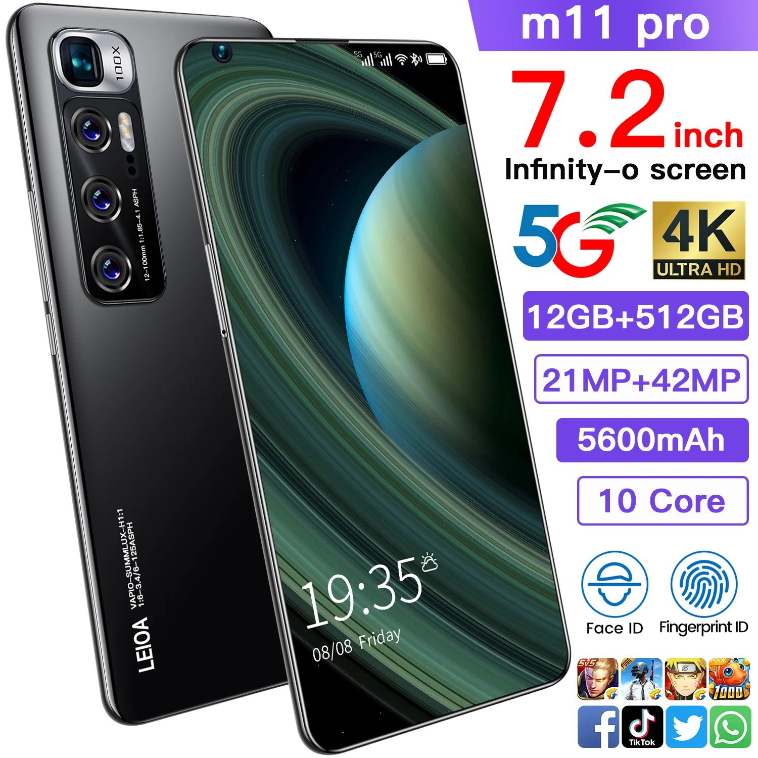 M11 Pro Mtk6799 Smartphone 10 Core 7.2 Inch Infinity-0 Screen Cell Phone 12+512GB Android 10 Hd Camera Fingerprint Mobile Phones