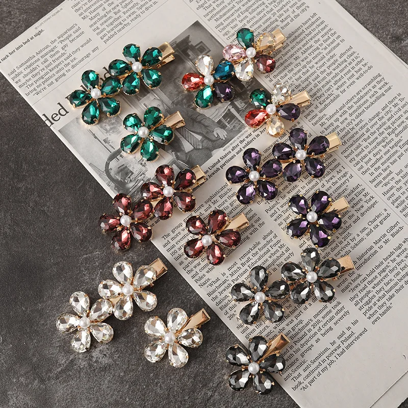 New rhinestone pearl flower barrettes colorful petals bang clip hair accessories