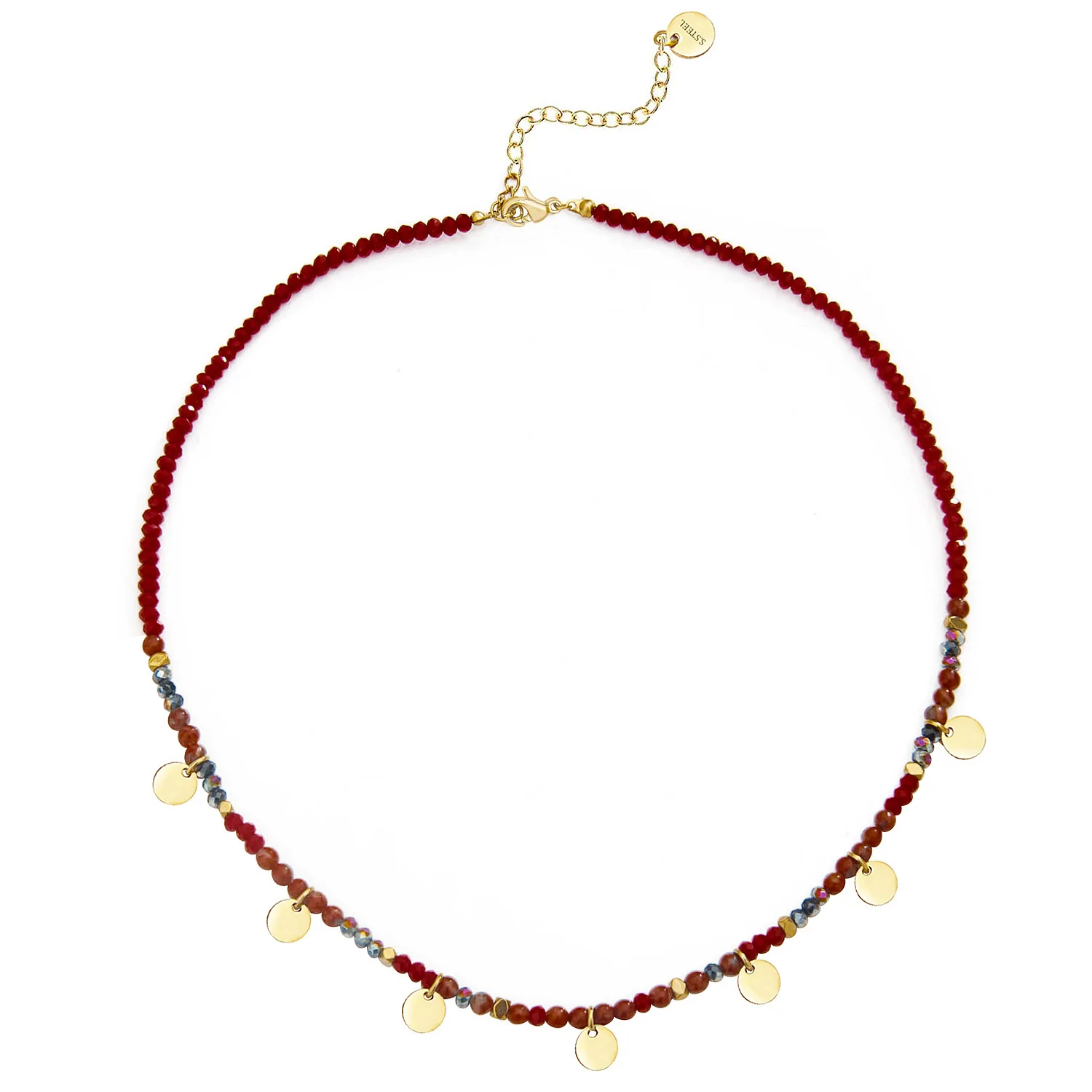 Bohemian style natural stone beaded necklace stainless steel coin tassel fashion necklace for girls