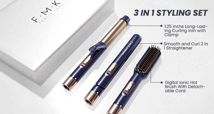 Professional Electric 3 In One Curling Iron With Straightener and Digital  Hot Brush With Detachable Cord Styling Tools