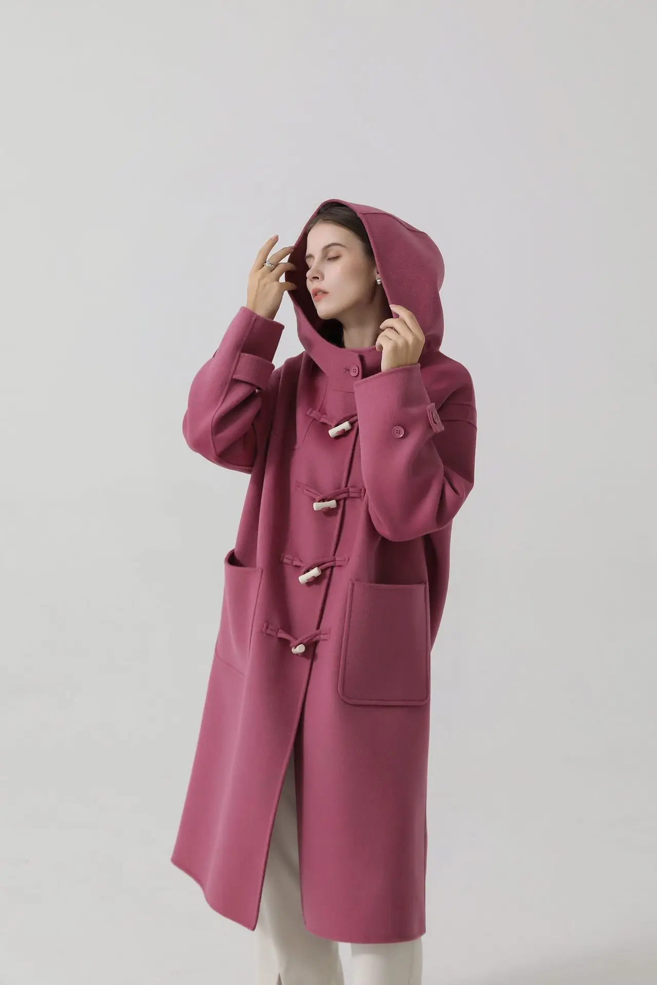 New winter double-sided thickened loose hooded horn buckle extended wool coat for women