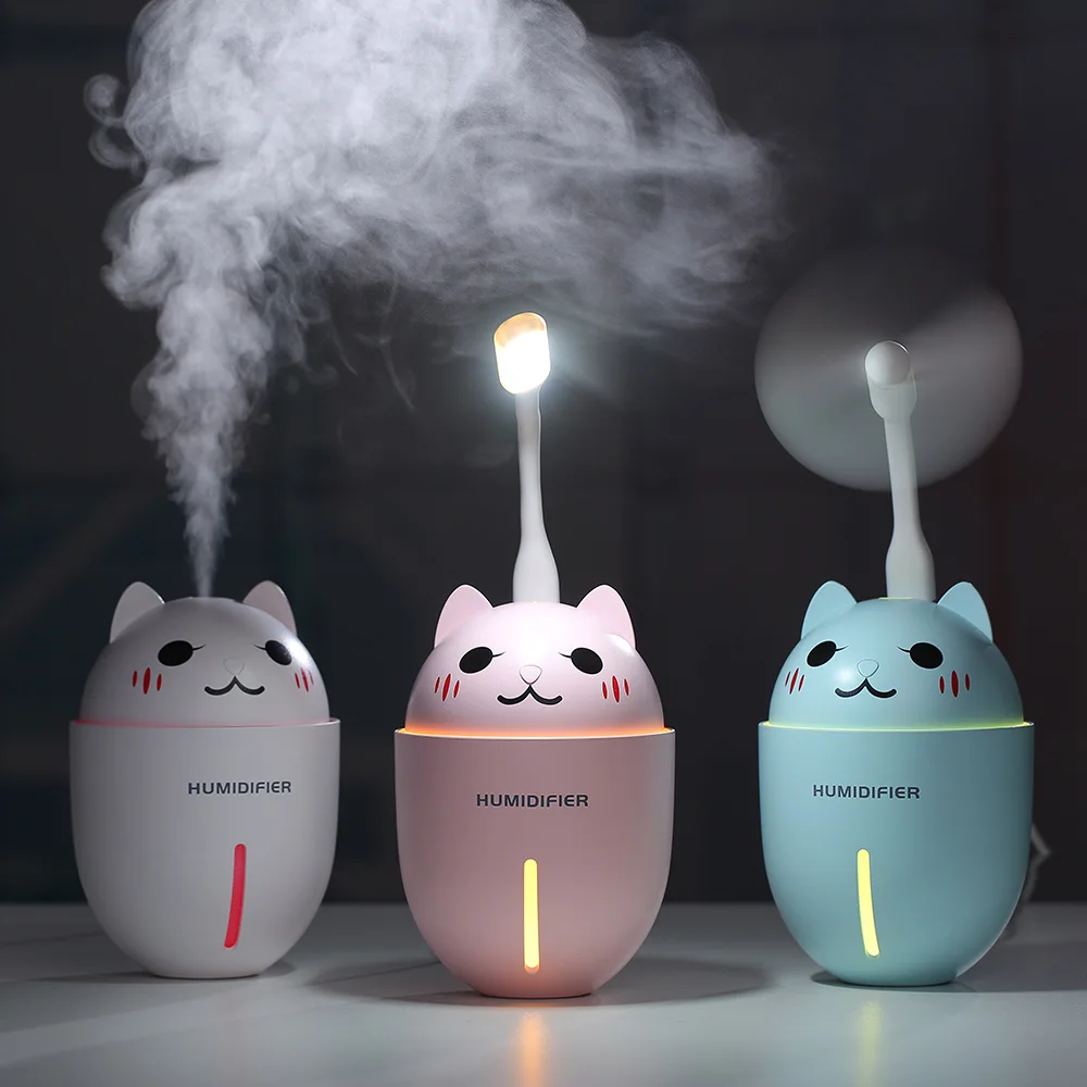 
USB humidifier LED Night Light Spray Fans 3 in 1 Multifunctional Portable with Creative Cute Cat Design 