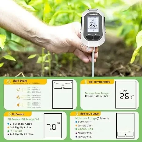 4-in-1Soil Moisture Meter Digital Plant Temperature Intensity Backlight LCD Display Soil Test Meter for Gardening Outdoor Plants