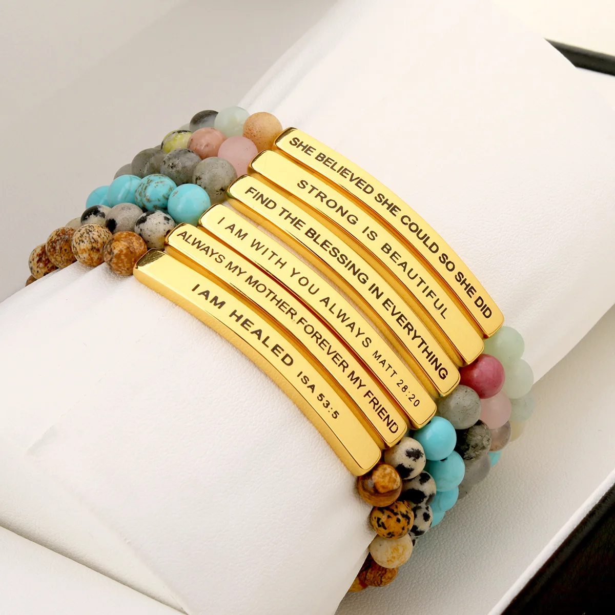 new stainless steel curved bar bracelet custom lettering with natural stones elastic bracelet