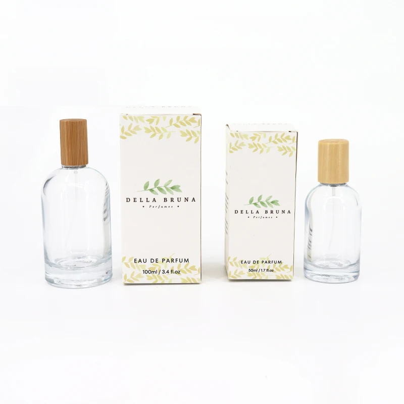 Empty Cylinder 100ml Perfume Spray Bottle with Pump Spray Bamboo Cap Transparent Glass OEM 50 ml Perfume Bottle With Gift Box