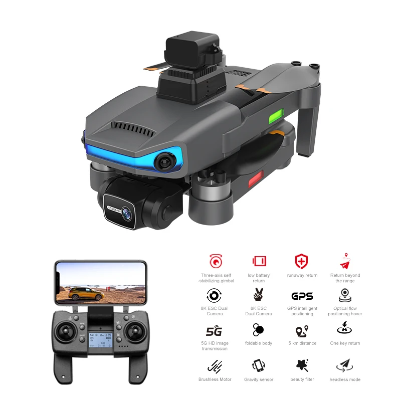 Drone with 3-Axis Gimbal Optical Flow 8K ESC Dual Camera GPS Return 5G RC Quadcopter Foldable RC Drone