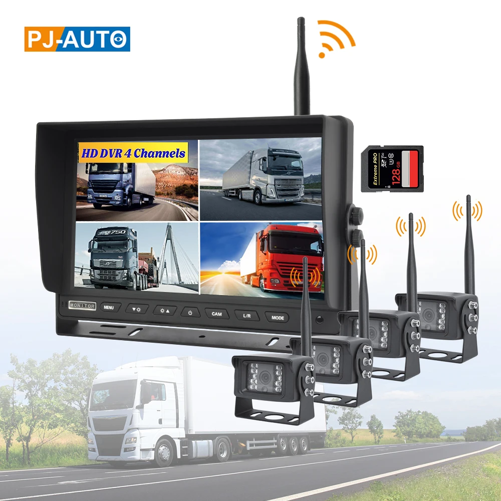PJAUTO 10.1inch Digital HD DVR Wireless Truck Backup Camera Monitor System Quad View Screen For Truck Bus Farm construction