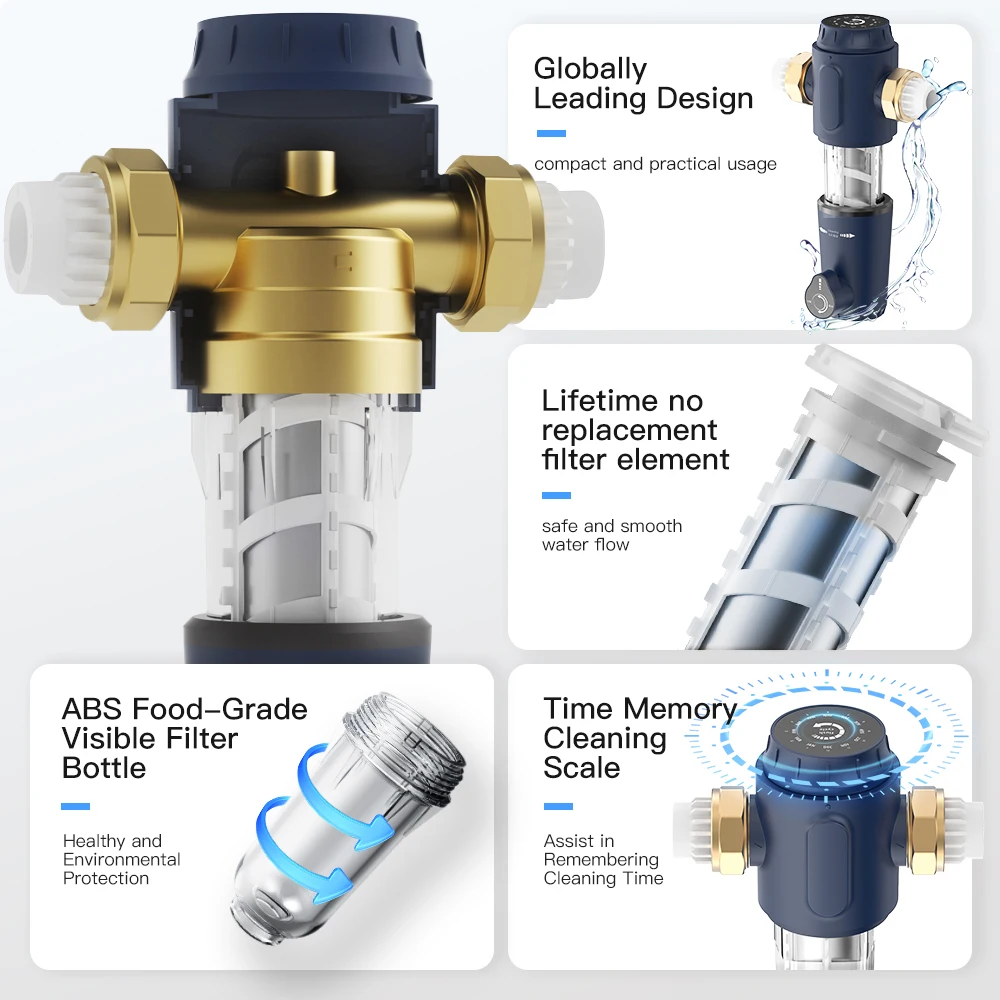 Intelligent Pre Filter Manual Household Time Memory Water Purifier for with No-replacement 316 Stainless Steel Filtration Mesh