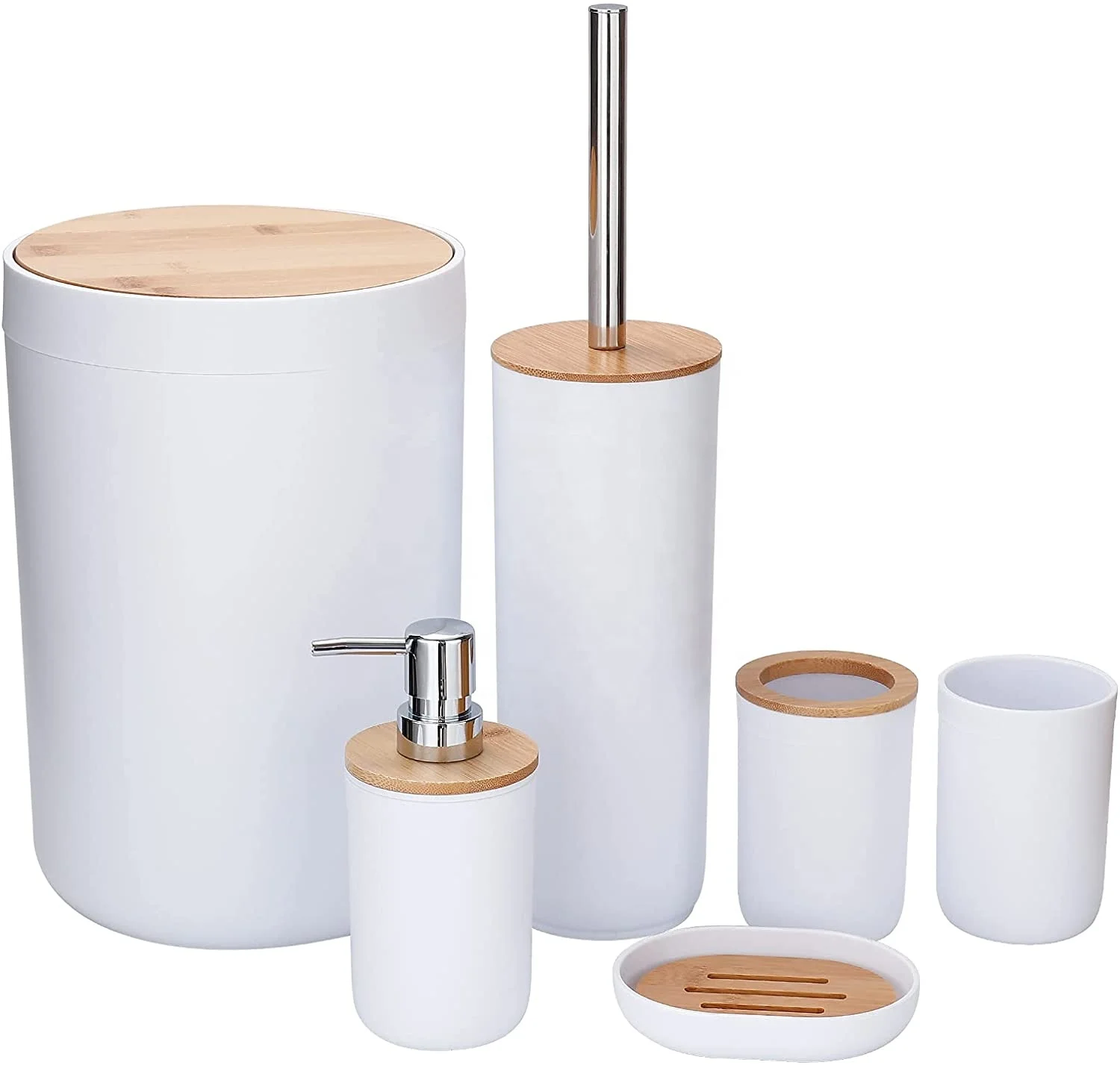 Low MOQ White Luxury Modern Bathroom Accessories 6 Piece Bamboo Lid Plastic Bathroom Accessories Set