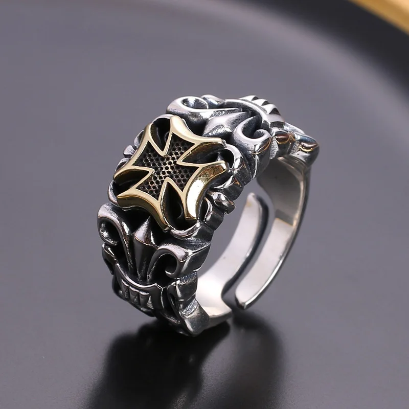 Personality Thai Silver Silver Cross Open Mouth Men Rings Jewelry Masonic Rings For Men Vintage