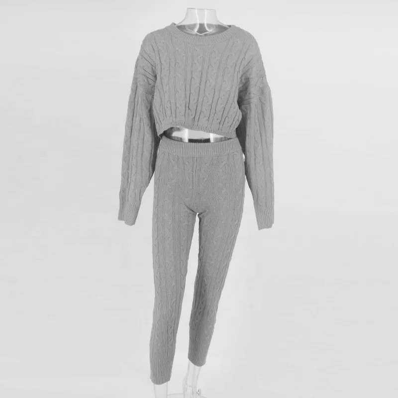 knitted  Women Solid Sweater + long pants Sets new Winter Warm Suits 2 piece outfits