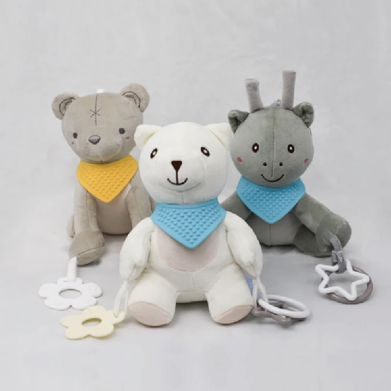 SEEJOYOU OEM Custom Wholesale Cute Rabbit Elephant Animal Plush Toy With Teething Kids Baby Stroller Hanging Bear Soothing Toys