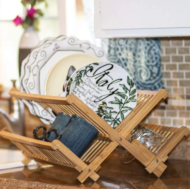 Custom Over The Sink Plate Dish Rack Kitchen Folding Bamboo Dish Drying Rack
