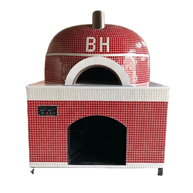 European large 16 inch commercial round black mosaic gas fired lava brick pizza making oven for professional pizzas.