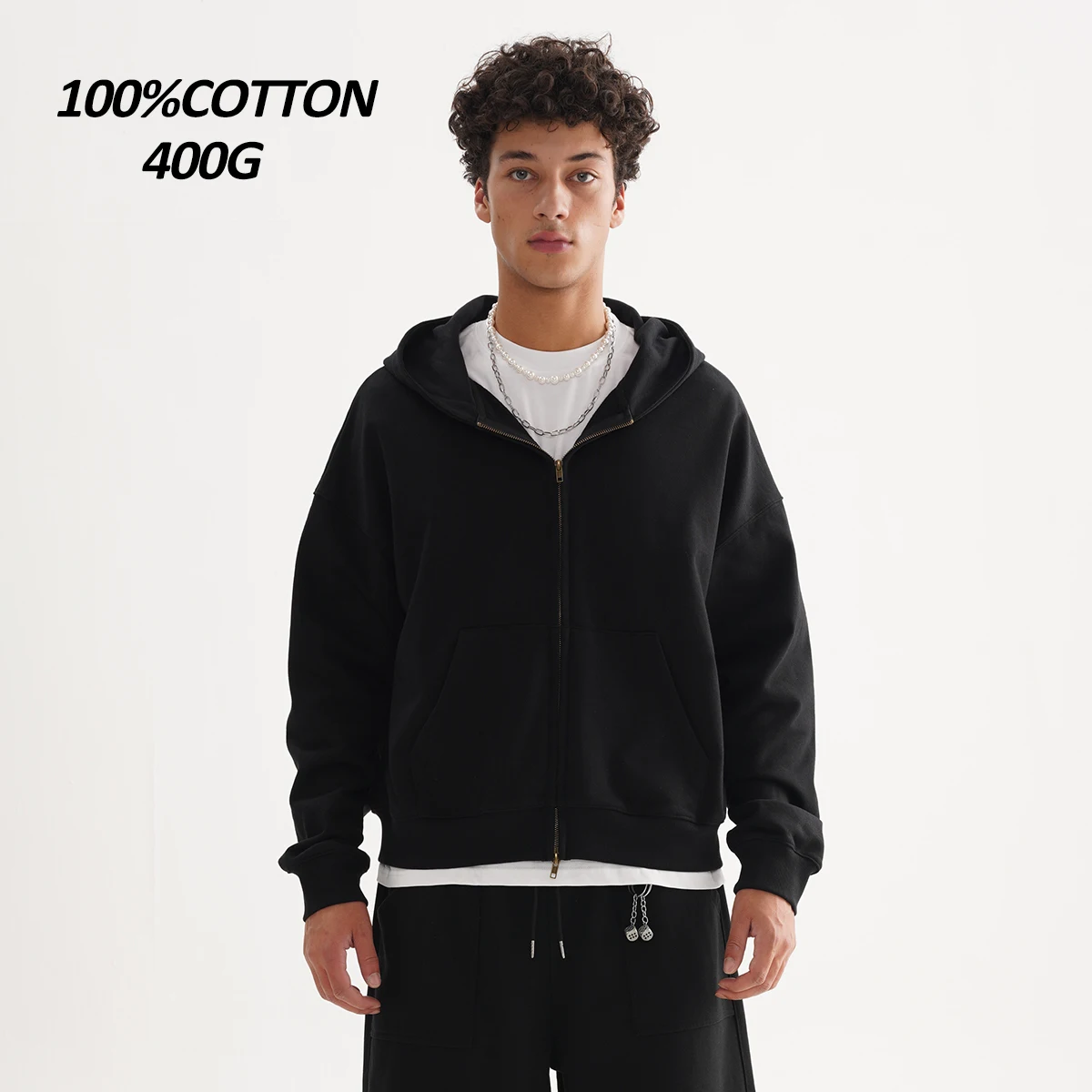Essentials Hoodies Vintage Unisex Drop Shoulder 100% Cotton 400Gsm Jacket Boxy Zip Up Hoodie With Double Layer Hood Front Pocket
