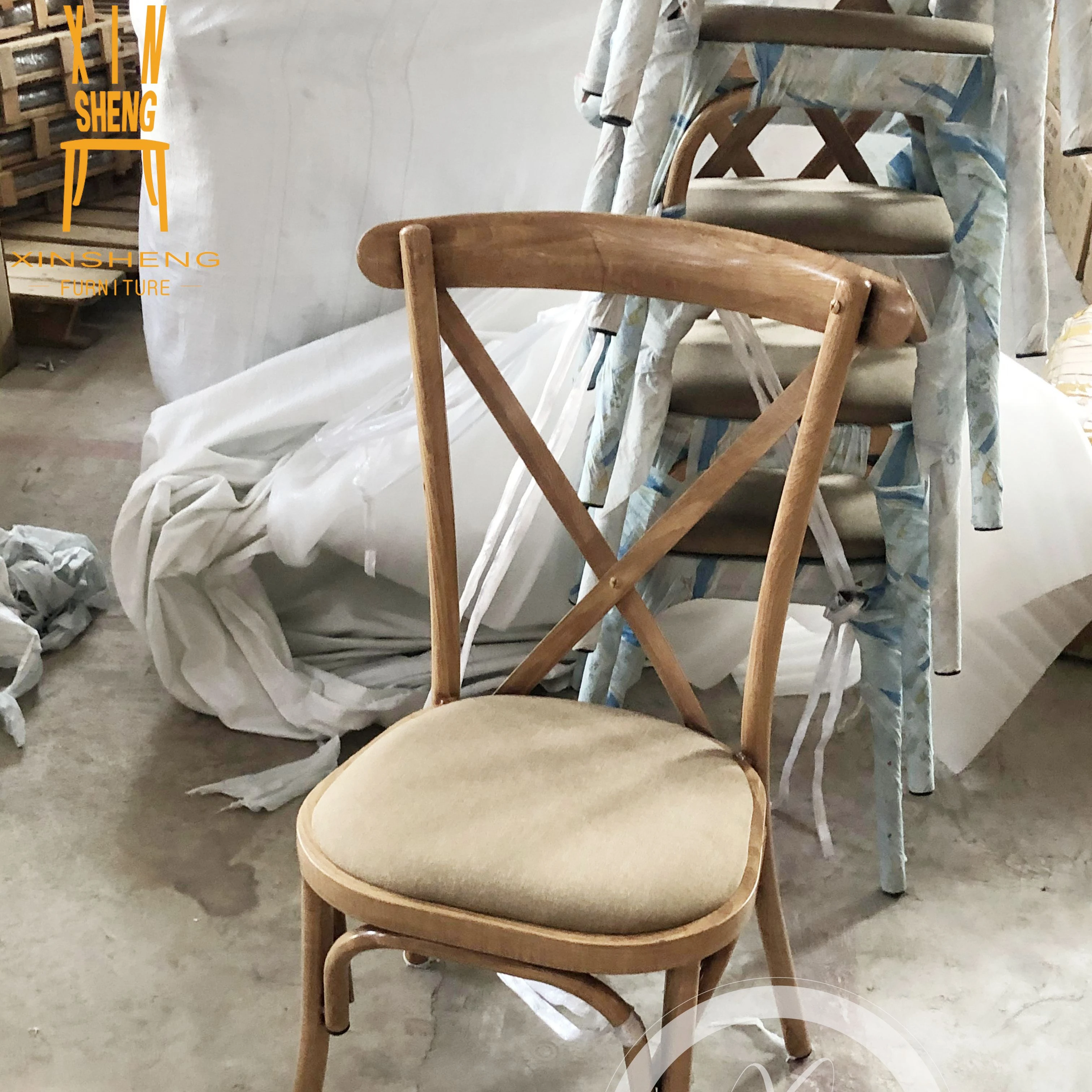 Wedding party in wood grain cross back metal dining chair