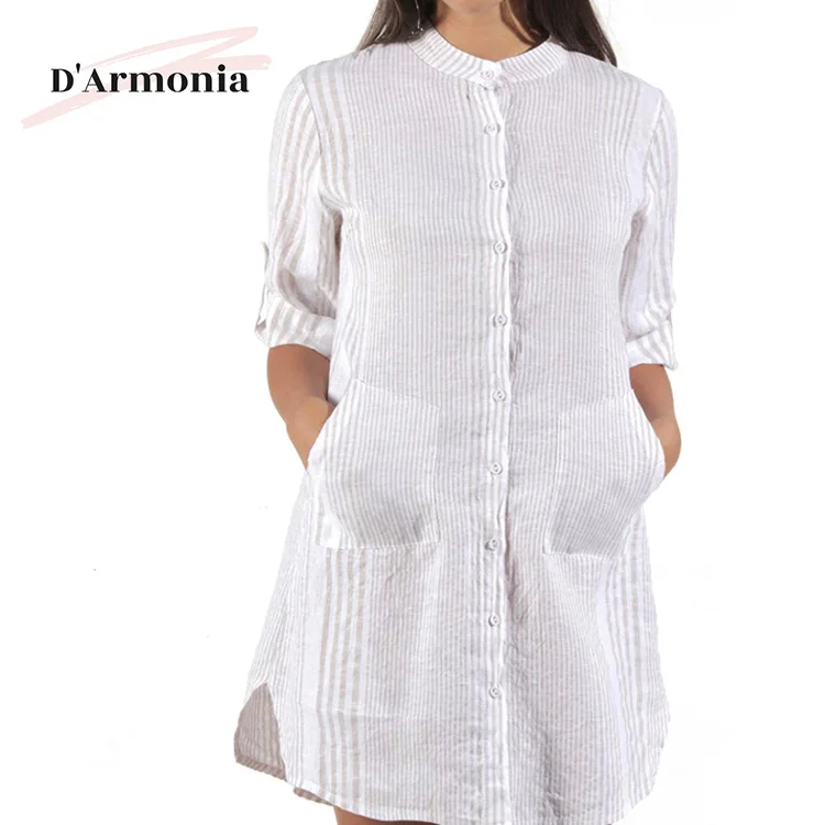 
Wholesale Women White Striped Half Sleeve Linen Woven Loose Casual Shirt Dress 
