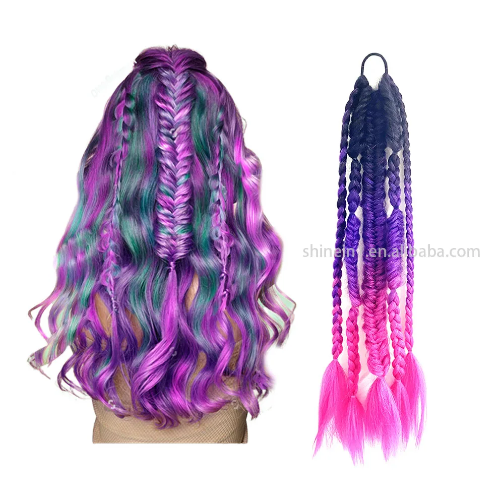 Shinein 24in Unicorn Color Synthetic Braided Ponytails Handmade Ombre Braid Ponytail Hair Extension for Women Cosplay