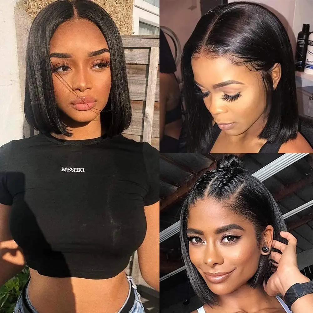 12 14 16 Inch Unprocessed Raw Natural Black Brazilian Short Straight Bob Wigs Human Hair Lace Front Peruvian Bob Lace Front Wig