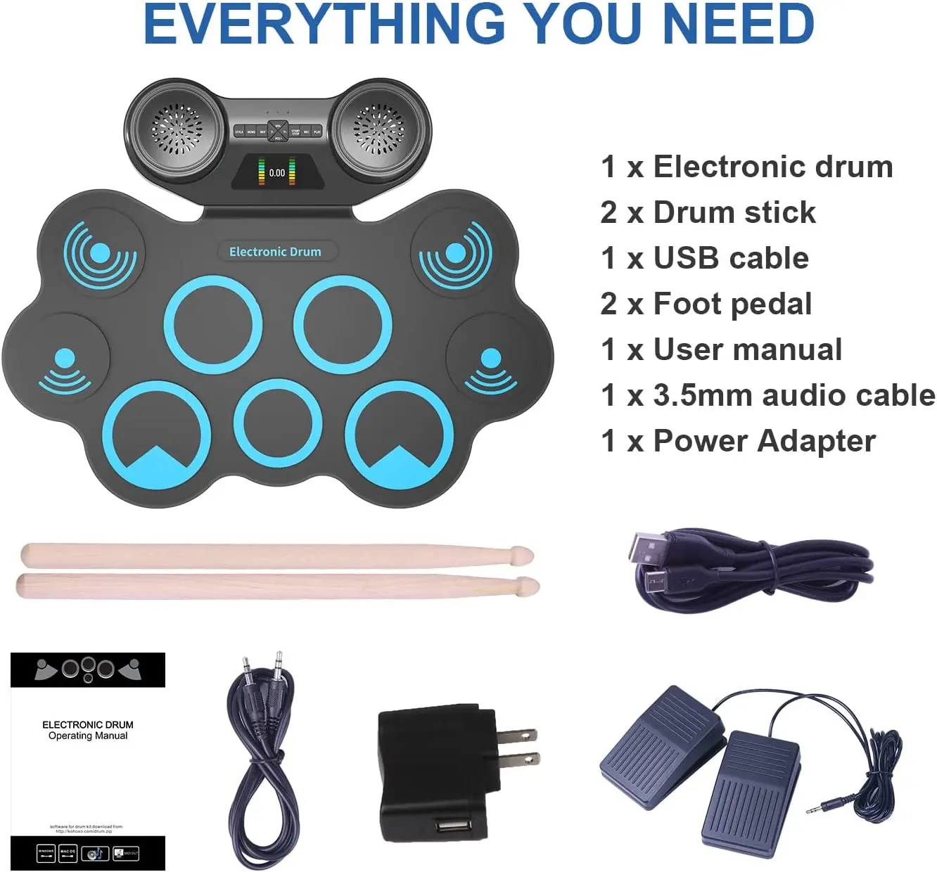 LED Screen Electronic Drum set 9 Pads Roll Up Drum - Electric Drums Practice Pad Kit