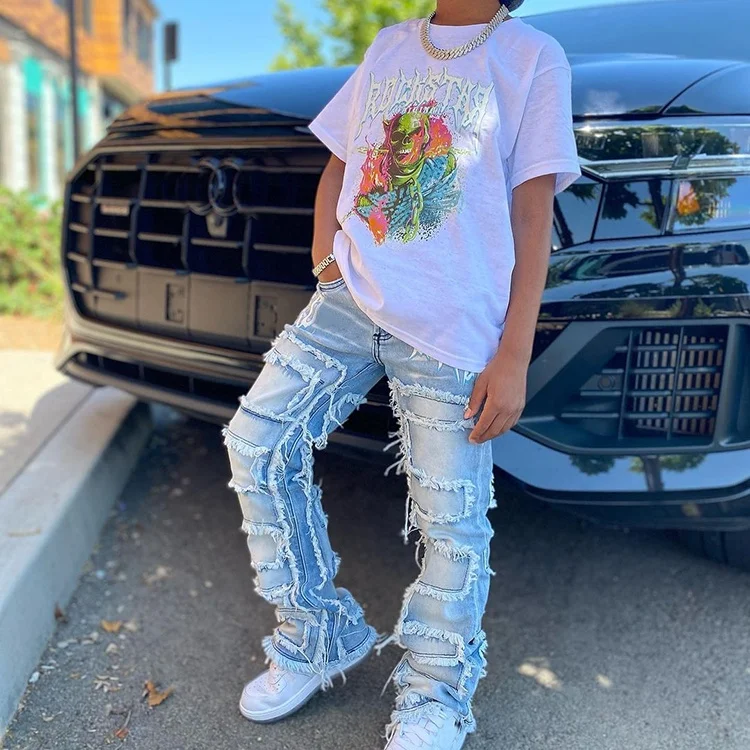 EDGE DENIM Manufacturers custom distressed cargo toddler kids stacked jeans pants little boys