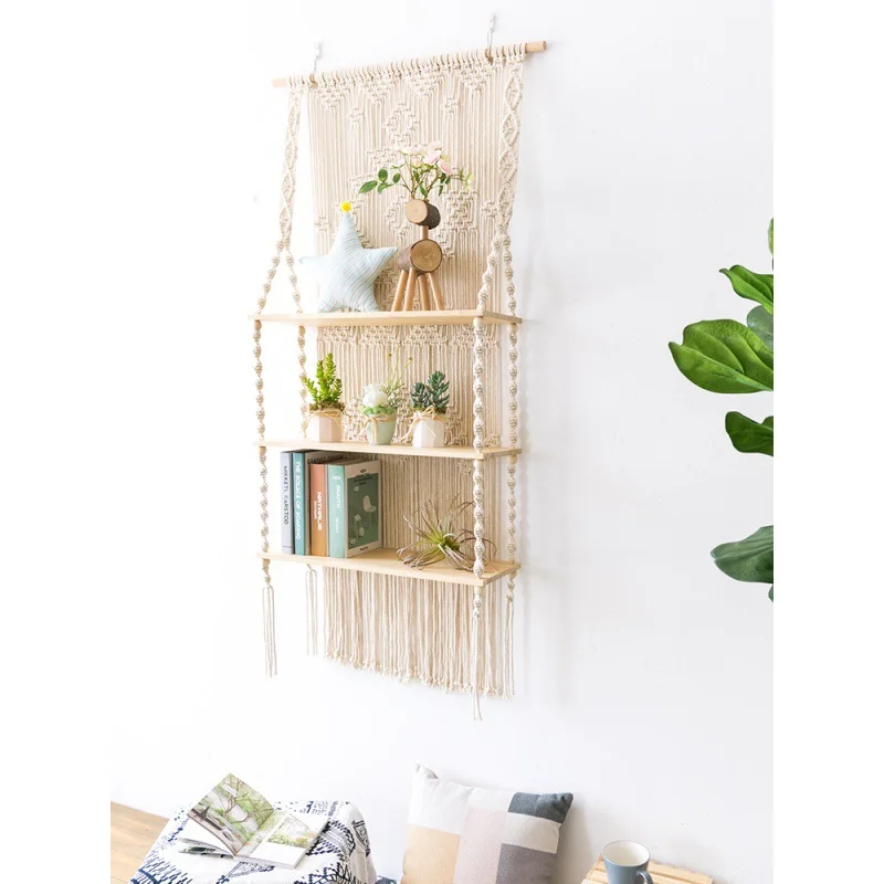 Handmade Woven Rope Macrame Wall Hanging Shelf 3 Tier Boho Shelves Organizer Hanger for Kitchen