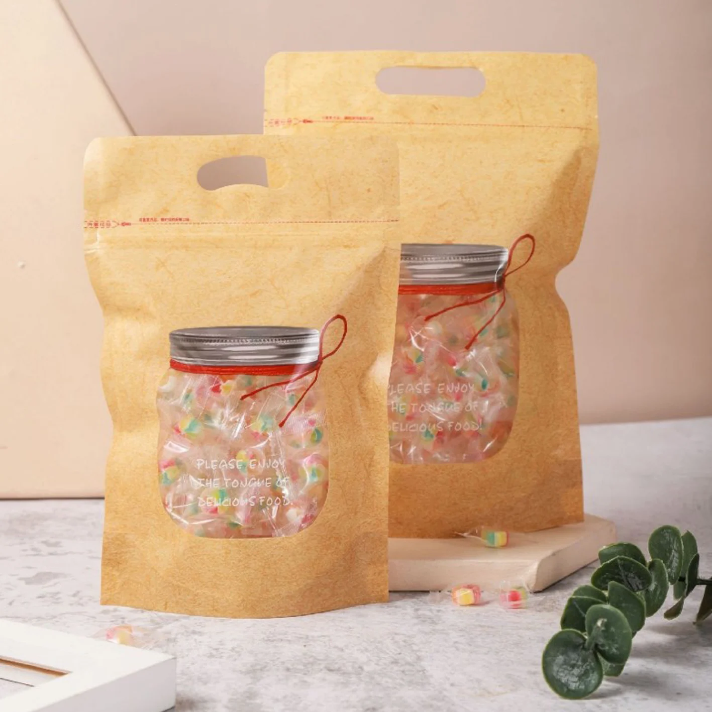 Stand upkraft paper mylar bags with zip lock window for snack,coffee,bacon,peanut