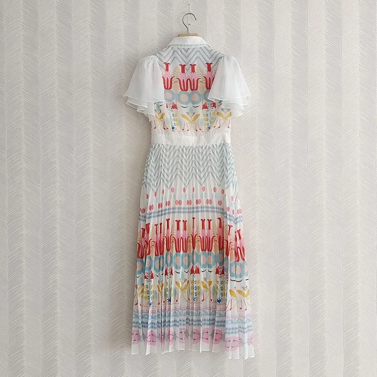 Literary Style Fashion Catwalk Dress  Summer New Flying Sleeves Stitching Pleated Printed Casual Dress