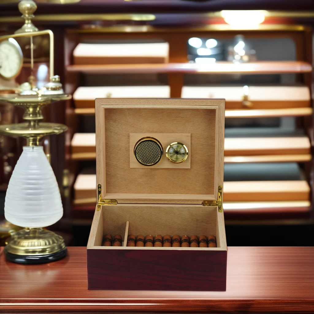 Desktop Mahogany Lining Humidor Case Holds 25-50 Cigar Handcraft Wood Storage Box with Divider, Humidifier and Hygrometer