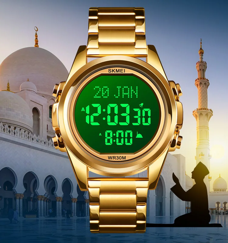SKMEI 1667 Qibla Time светодиодные золотые цифровые часы из нержавеющей стали Роскошные мусульманские молитвенные наручные для мужчин