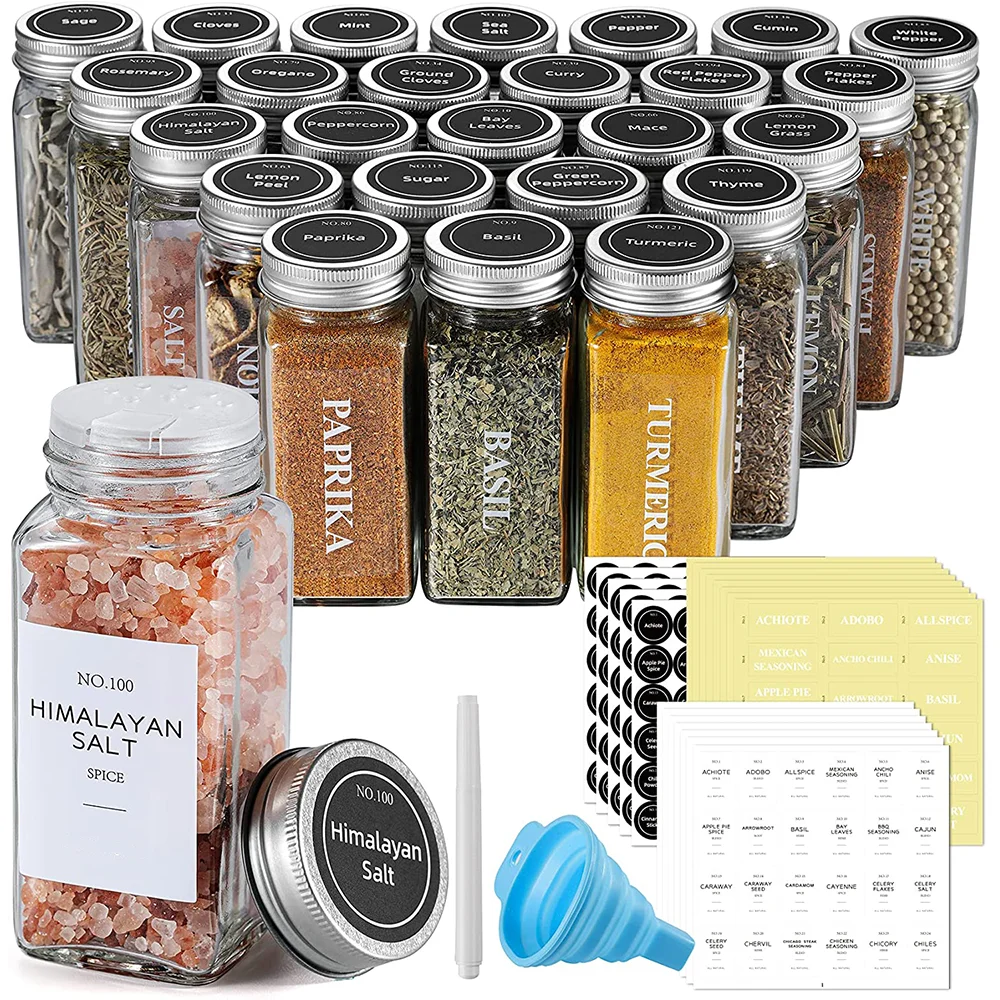 Kitchen Square Small Glass Spice Jars 4oz Bottles Shaker Lids Airtight Metal Caps Chalk Marker Funnel Complete Set Custom Labels
