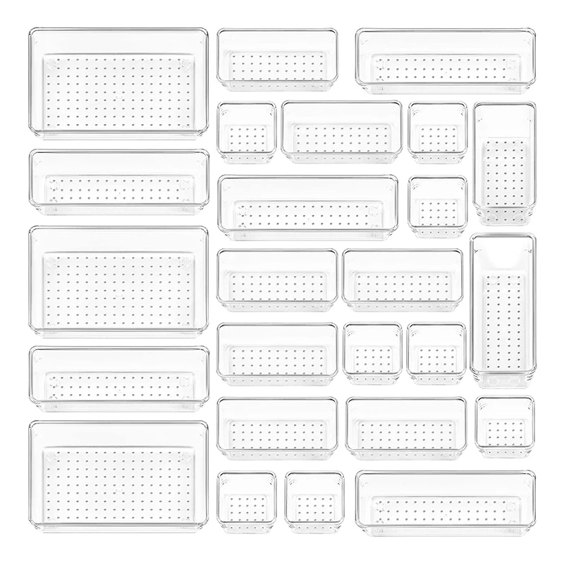 25pcs 4 size clear plastic drawer organizers storage tray storage bins for makeup,kitchen utensils,jewelries and gadgets